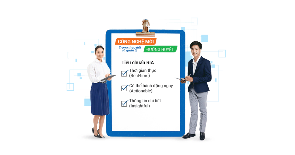 Minh hoạ 3 tiêu chuẩn của 1 CGM đúng nghĩa . Thời gian thực (Real-time), Thông tin chi tiết (Insightful), Có thể hành động ngay (Actionable)