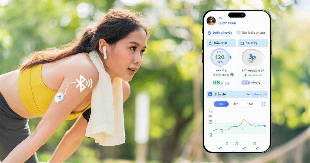 hình máy đo 3P và ứng dụng điện thoại, có ký hiệu kết nối bluetooth