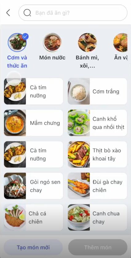 Chọn thực phẩm và khẩu phần bạn đã dùng