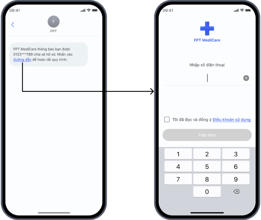 Sau khi nhận tin nhắn và cài đặt ứng dụng theo hướng dẫn, Người theo dõi tạo tài khoản FPT MediCare bằng số điện thoại cá nhân của mình