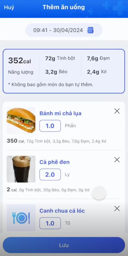 ứng dụng FPT Medicare - ghi nhận ăn uống